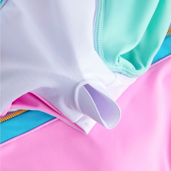 Colorblock Pink Turquoise Blue Green One Piece Swimsuit - Picture 10 of 11